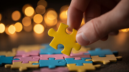 Poster - close-up of hand placing yellow puzzle piece, pastel-colored pieces in background, blurred lights, s