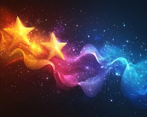 Poster - Vibrant cosmic scene with colorful waves and glowing stars in a starry background