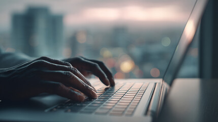 Poster - Close-up of hands typing on laptop keyboard, city lights blurred in background, showcasing digital work, remote work, or online activity