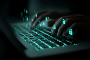 Poster - Hands typing on glowing keyboard, teal padlock icons rising, symbolizing online security, data protection, digital privacy