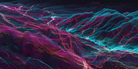 Poster - abstract digital landscape, vibrant pink, teal, and gold particles forming undulating hills, showcas