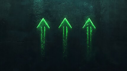Poster - Three glowing green upward arrows on a dark textured background, symbolizing growth, progress, and success.