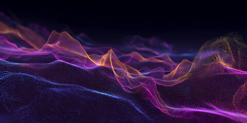 Poster - abstract purple, blue, orange particles forming wavy landscape, digital art, technology, futuristic 