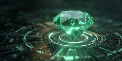 Poster - green gemstone on futuristic pedestal, showcasing luxury and technology, ideal for presentation or a