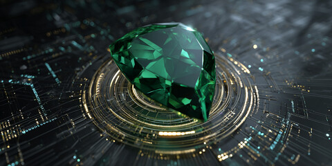 Poster - emerald gemstone on a dark, technological background, showcased on a circular platform. represents l