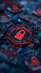 Poster - Close-up of circuit board with glowing red padlock icon, signifying digital security and data protection, ideal for technology or cybersecurity concepts