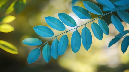 Poster - Teal leaves on a branch, bokeh background.