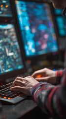 Leinwandbilder - Close-up of hands typing on illuminated keyboard, multiple monitors displaying blue code in background, suggesting late-night coding or gaming session