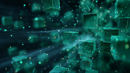Poster - abstract image of teal glowing cubes floating in dark space, illuminated by light streaks. represent