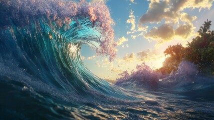 Poster - Stunning sunset over a curling ocean wave.