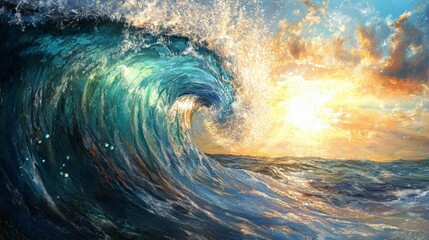Aufkleber - Majestic ocean wave crashing at sunset, vibrant colors, dynamic movement.