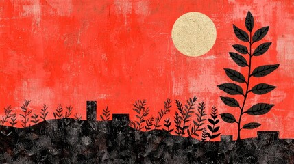 Poster - Red textured background with a large, off white moon, silhouetted cityscape, and dark foliage. The overall feeling is mysterious and slightly surreal. 