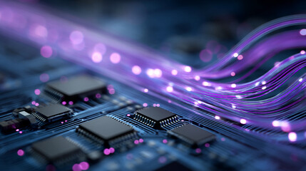 Poster - close-up of circuit board with purple fiber optic cables, showcasing technological advancement and d