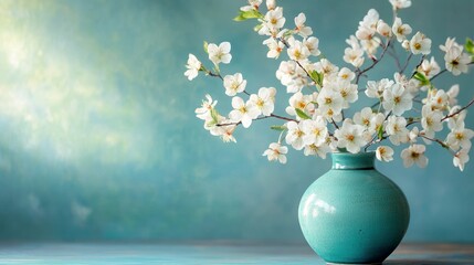 Poster - Teal vase with blooming cherry branches on rustic wood.