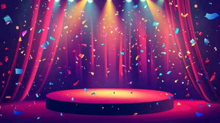 Poster - Illuminated stage with red curtains, confetti, and a circular podium.