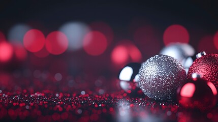 Poster - Red and silver Christmas ornaments on glittering surface with bokeh background.