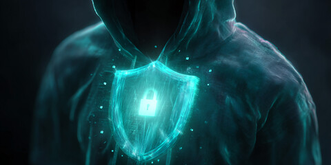 Poster - Cyan digital shield with padlock on hooded figure's chest, symbolizing digital security and protection