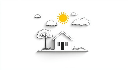 Poster - minimalist house illustration portrays a serene simple landscape on a sunny day
