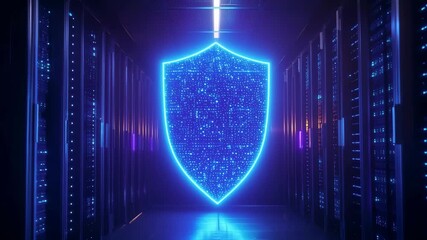 Poster - Digital shield securing data center with neon lights