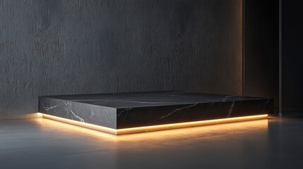 Poster - Dark marble platform with warm light glowing around the base, set against a dark grey wall.