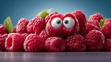 pile of raspberries with a cute, animated raspberry character with eyes and a mouth peeking out. The scene is playful and whimsical, highlighting the charm and appeal of the fruit.
