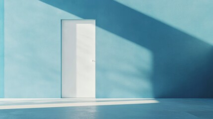 Poster - Sunlit minimalist room with a white door on a blue wall.