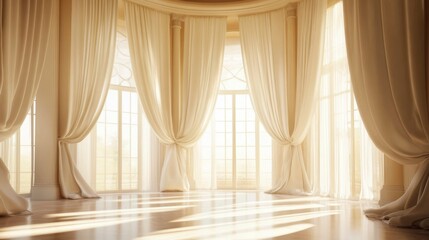 Poster - Sunlit room with elegant cream curtains and hardwood floor.