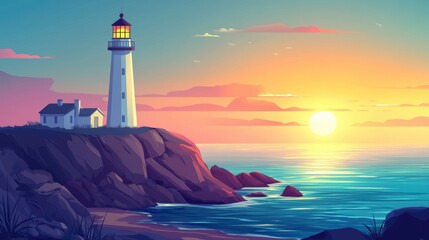 Poster - Sunset over ocean with lighthouse on cliff. (1)