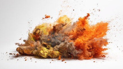 Poster - Dramatic Explosion of Colorful Dust and Particles Creating a Dynamic and Eye-Catching Visual Display Against a White Background