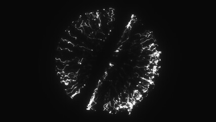 Poster - bright white glowing sphere made of shimmering light threads, radiating against a black background