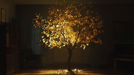 Poster - Illuminated autumnal tree indoors, falling leaves, dark room.