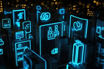 Neon Cityscape: A Digital Metropolis of  Apps and Interfaces