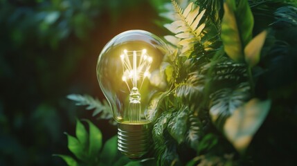 Poster - Glowing lightbulb nestled amongst lush green foliage, symbolizing sustainable energy and eco-friendly innovation.