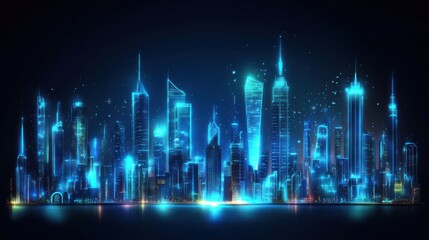 Poster - Futuristic City Skyline with Glowing Skyscrapers and Dark Night Sky