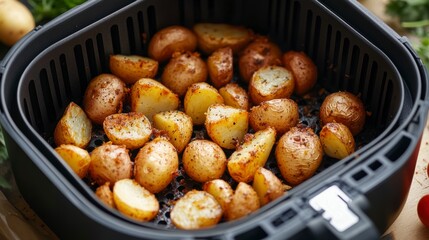 Aufkleber - Roasted potato wedges in an air fryer basket.