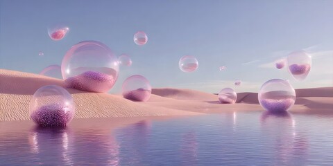 Poster - Surreal Landscape with Transparent Spheres Reflecting Water and Pink Sand Under a Pastel Sky in Abstract Style