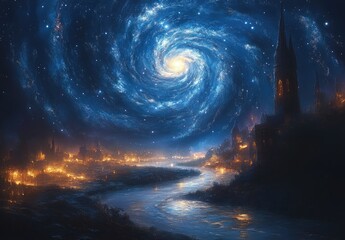 a celestial spiral above a quaint, illuminated town.