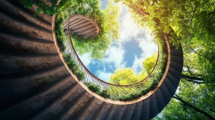 Poster - Spiral staircase ascending to a sunny sky, surrounded by lush greenery.