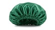 © MariaMedeiros - Elegant, glossy green satin bonnet resting on a white surface, perfect for hair protection.