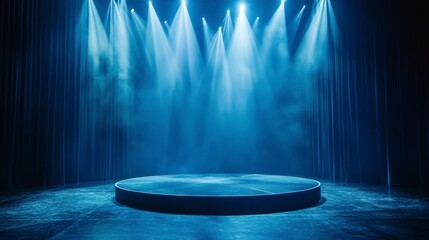 Aufkleber - Empty stage with blue spotlights and smoke, perfect for product display or event background.