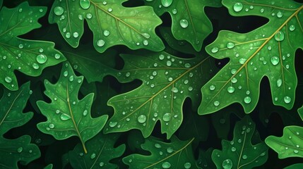 Poster - Close-up of dew drops on lush green oak leaves.