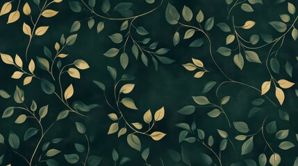 Poster - Seamless pattern of green and gold leaves on a dark background.