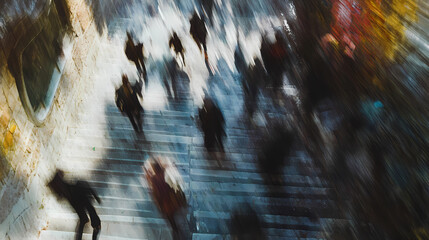 Wall Mural - blurred commuters descending granite steps in urban setting motion blur abstract top down view. [hol