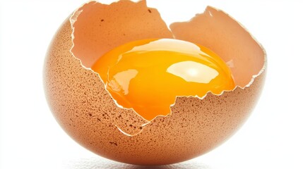 Poster - A cracked brown eggshell reveals a vibrant yellow yolk against a white background.