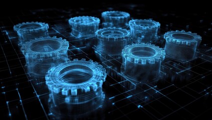 Fototapete - Abstract digital gears on a grid