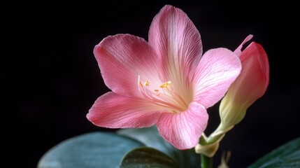 Poster - Close-up of a delicate pink flower with a bud, against a dark background.