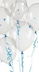 Poster - Transparent balloons with blue ribbons and confetti. Festive decoration for birthday party, celebration, or event.  Perfect for greeting cards, invitations, and websites.