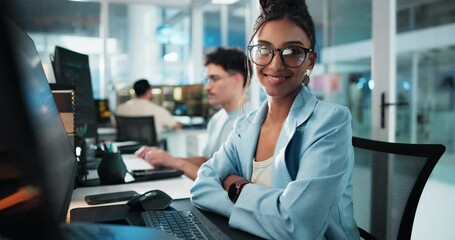 Aufkleber - Arms crossed, face and smile of programmer woman at desk in office as graphic designer for software development. Coding, computer and web design with happy developer or engineer at night for update
