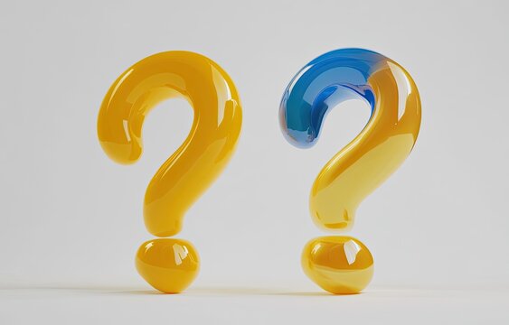 Two vibrant question marks, one yellow and one blue, against a plain background.  A playful, 3D representation of a query