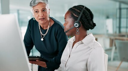 Poster - Call center, manager and women in office on computer for customer service, online help and CRM support. Professional, consultant and boss training worker for project feedback, contact us and advice